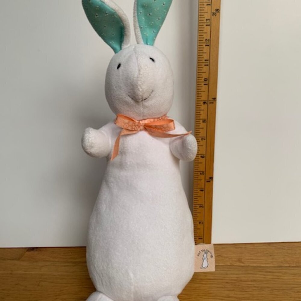 Petits Bunnies Plush White Rabbit with Mint Ears & Peach Ribbon | 16” Soft Toy - Picture 6 of 6